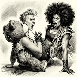 scarlett johansson in a enraged drunken state, yelling at a teddy bear, afro samurai style, pencil and ink, greg rutkowski dynamic wide angle lens, dramatic lighting,