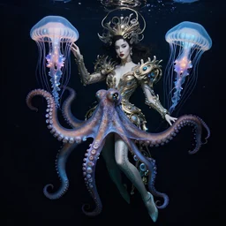 underwater fashion photography of absurdly beautiful, graceful, elegant, sophisticated, fashionable gravure idol by irakli nadar in style of zena holloway in symbiosis with an octopus and a jellyfish, intricate and ornate alien technology, bioluminescence, bloom, dim rim lighting, by victor grasso