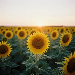 a field of sunflowers with the sun setting in the background, one single sunflower in the foreground, a picture by pogus caesar, shutterstock contest winner, color field, photo taken with ektachrome, backlight, sunrays shine upon it