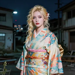 stunning, breathtaking, awe - inspiring award - winning portrait of an attractive white faerie with wavy blonde hair, wearing a colorful yukata in an abandoned city at night, extremely moody lighting, intricate, soft focus, splatter painting 8 k