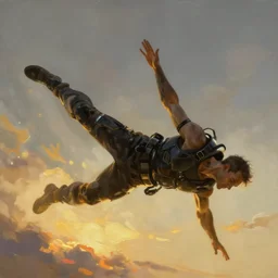 cyberpunk man levitating at zero gravity, flying in epic pose, atmospheric lighting, painted, intricate, golden hour, ultra detailed by peter gric, giger, enki bilal