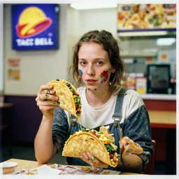 a woman covered in paint, in a taco bell, color photograph, by jan van eyck, canon eos c 3 0 0, ƒ 1. 8, 3 5 mm, 8 k, medium - format print