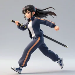 anime manga girl jumping running with sword and tracksuit in detailed 3d render trending on pixiv artstation crunchroll