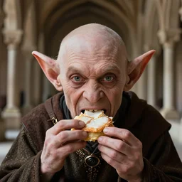 closeup portrait of a medieval goblin eating cakes in the cloisters, depth of field, zeiss lens, detailed, symmetrical, centered, fashion photoshoot, by Annie Leibovitz and Steve McCurry, David Lazar, Jimmy Nelsson, Breathtaking, 8k resolution, extremely detailed, beautiful, establishing shot, artistic, hyperrealistic, beautiful face, octane render