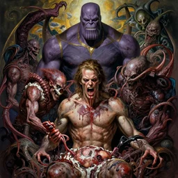 the platonic ideal of gluttony of cletus kasady ultimate carnage thanos dementor doctor manhattan chtulu nazgul, detailed, intricate, hyperrealism, intense, scary, decay, dmt, art by brock hofer and artgerm and greg rutkowski and alphonse mucha