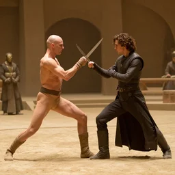 choreographed knife brawl between bald_hairless_Austin_Butler_as_Feyd-Rautha_Harkonnen and Timothee_Chalamet_as_Paul_Atreides, in an arena pit, film still from movie Dune-2021, golden ratio