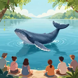 digital art of a whale swimming in a lake whilst people watch on