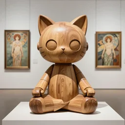 8k photorealistic detailed unreal engine ,a wooden sculpture art toys on feet very cute robot with cat ears ,zen méditation symetrical, a contemporary art gallery art  , sculpture by Alphonse Mucha