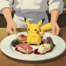 a shot of a beautiful delicious plate of food, a hand crafted chef artisan meal made of the pokemon electrode, amazing food illustration, chef table, in style of studio ghibli, miyazaki, anime