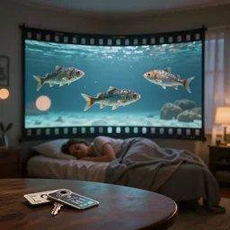 3 d ✈ popping out of curved movie screen, fishes floating in bedroom, volumetric lighting, sleeping, pair of keycards on table, bokeh, creterion collection, shot on 7 0 mm, instax