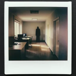 An old polaroid photograph of a creepy liminal office space with a tall slender scary figure in the hall