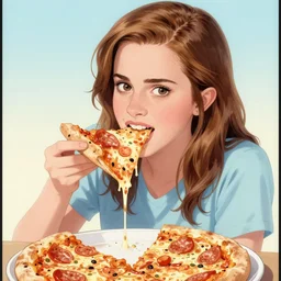 glossy old advertising poster, a emma watson eating pizza, horror, drawn comic by junji ito, pastels, gradient,