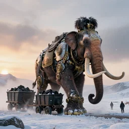 “photo color of one biomechanical/mechanical steampunk giant hairy elephant/wagon/mamouth in an arctic storm with fog and blizzard, the mammoth drags old gigantic coal wagons with snow, it's a sunset photo with cold tones, some people around ”