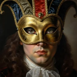 a baroque neoclassicist close - up portrait of a magician gazing intensely with big glowing eyes wearing make - up and a venetian carnival mask. head, face and shoulders, foggy background. renaissance portrait painting. highly detailed science fiction painting by norman rockwell, frank frazetta, and syd mead. rich colors, high contrast, gloomy atmosphere, dark background. trending on artstation.