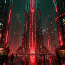 concept art, octane render, a brooding, dystopian city, reflections, volumetric neon lighting, dramatic, emerald red neon glow, 8 k, ultra - hd, insanely detailed and intricate, hypermaximalist, elegant, ornate, by gerald brom, by syd mead, akihiko yoshida, doug chiang, cinematic