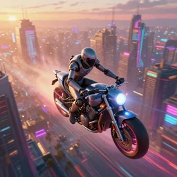 an android on a flying motorcycle in a glowing neon cyberpunk retro futurism city at dawn by Ralph McQuarrie, unreal engine, cinematic atmosphere, establishing shot viewed from above