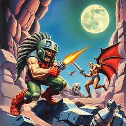1 9 7 9 retro box art nes. commodore 6 4. doomguy vs metal slug. artgerm. coherent. keith parkinson. oil on canvas