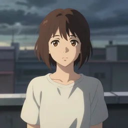 a beautiful british woman with short brown hair, gentle, somber amber eyes, standing on a rooftop, storm in the distance, basic clothing, digital art by makoto shinkai ilya kuvshinov and wojtek fus, portrait,
