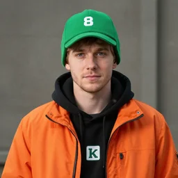 portrait photo still of real life kyle broflovski wearing an orange jacket and green hat, 8 k, 8 5 mm, f. 1 4