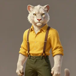 fursona commission of a anthro albino mountain lion wearing a yellow button-down shirt and olive green slacks with suspenders. pretty, beautiful, DnD character art portrait, matte fantasy painting, DeviantArt Artstation, by Jason Felix by Steve Argyle by Tyler Jacobson by Peter Mohrbacher, cinematic lighting