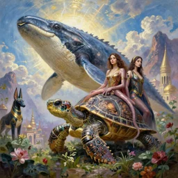 fantasy portrait, great leviathan, cybernetic turtle cephalopod terrapin reptilian pachyderm squid, symbiotic bella hadid, hybrid, milla jovovich, anubis epic islamic city, natural light, lush plants flowers, spectacular mountains, bright clouds, luminous sky, outer worlds, michael cheval, edward hopper, michael whelan, oil painting, hd,