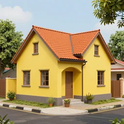 beautiful banana yellow house next to corner of 2 streets with orange roof tiles archviz