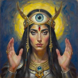 face portrait of a female shaman goddess knight, summoning eye of destiny, oil on canvas, by jeffrey catherine jones and enki bilal