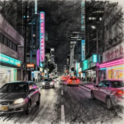 a neon landscape, the perspective of someone driving through the city at night, photography and charcoal