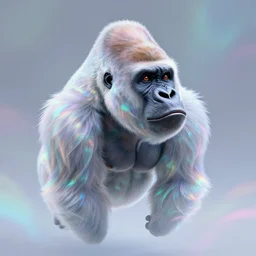 a gorilla with iridescent translucent hair, floating, head looking up, digital art, ethereal, iridescent background