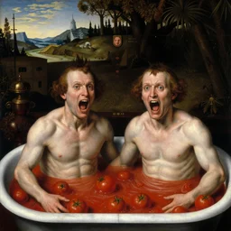 siamese twins made of hair and meat sitting in a tub full of tomato sauce, looking straight into camera, screaming in desperation, by giuseppe arcimboldo and ambrosius benson, renaissance, intricate and intense oil paint, a touch of joseph cornell, beksinski and hr giger and edward munch, realistic