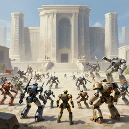 a fantasy painting of a grand battle of robots in front of monumental cyberpunk city and mountains, cinematic, beautiful lighting, highly detailed, painting by nicholas roerich