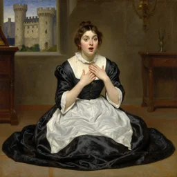 painting by Edmund Blair Leighton of a beautiful barmaid in old silky clothes sitting on the floor, looking surprised, touching her clothes, the interior of a medieval castle in the background, 4k oil on linen by Edmund Blair Leighton, highly detailed, soft lighting 8k resolution