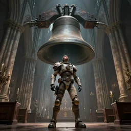 Man in a retrofuturistic Moebius inspired costume standing in a catholic cathedral and watching up a giant bell with pipes coming from it, low camera, dark souls, realistic, octane rendered, uplight, unreal engine, paint textures, highly detailed