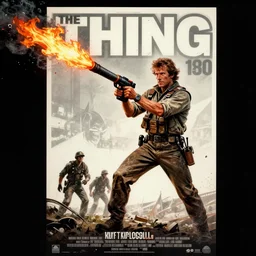 The Thing 1980 poster artwork by Michael Whelan Rendering of Kurt Russell with flame thrower, full of details by Thomas Kinkade, trending on artstation