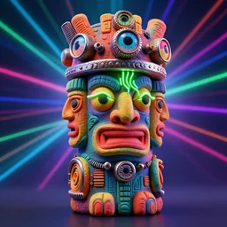 an opalescent claymodel of a multicolored steampunk tiki with three faces, wearing a steampunk helmet with multicolored irisdiscent tubes and shiny metallic devices, glowing green wires out of the forehead, 3 d render, crisp, trippy aztec, background is multicolored lasershow, 8 k, fluorescent colors, insanely integrate