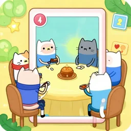 bmo from adventure time playing cards with cats around a table