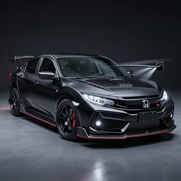honda civic, black, vtec turbo, 1. 0 litre, mk 1 0, fk 6, stealth, night mode, whoosh, spoiler, lights, custom exhaust, wing mirrors, carbon fibre, aerodynamics, speed, horsepower, valance splitter, sports, wheel spacers, japanese, power, sleek, digital art, electric, petrol, high detail, 8 k resolution