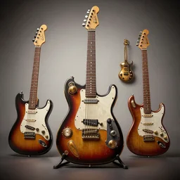 several steampunk telecaster designs, trending on Artstation, 8K, ultra wide angle, pincushion lens effect