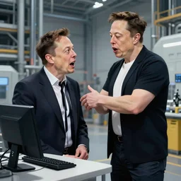 rich elon musk beating up poor elon musk because poor elon musk didn't do enough work in the gigafactory today. satirical digital painting