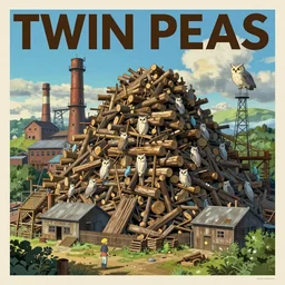 Twin Peaks poster artwork by Michael Whelan and Tomer Hanuka, Rendering of log pile factory, owl invade the factory, full of details, by Makoto Shinkai and thomas kinkade, Matte painting, trending on artstation and unreal engine
