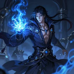 male necromancer casting magic spell, blue flame, anime key visual, handsome and attractive man, highly detailed, smooth, sharp focus, trending on artstation, concept art, by shumolly and monable and artgerm and greg rutkowski and jo chen and pilyeon and ruan jia