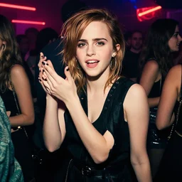 A photo of Emma Watson partying hard in the nightclub at 3AM in a hot night. Cyberpunk lighting.
