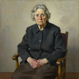 painting of an old woman sitting on a chair, staring at you, by georg baselitz