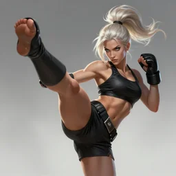 a highly detailed illustration of fierce ponytail platinum blonde woman wearing black mma gear and gloves, dramatic powerful kicking pose, fairly muscular, athletic, intricate, elegant, highly detailed, centered, digital painting, artstation, concept art, smooth, sharp focus, league of legends concept art, WLOP