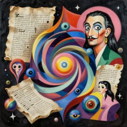 an extremely high quality hd surrealism painting of a 3d galactic neon complimentary-colored cartoon surrealism melting optical illusion high-contrast zaha hadid voynich writing by kandalinsky and sylvia dali the eigth, salvador dali's much much much much more talented painter husband, clear shapes, 8k, voynich manuscript, realistic shading, ultra realistic, super realistic