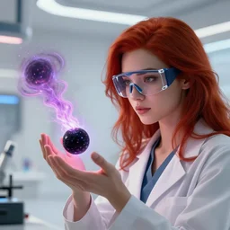 league of legends concept art beautiful young female scientist looking at small black hole in her hands, protective safety glasses, long red hair, futuristic laboratory in background, black hole with plasma jets, art by charles liu, close up shot, white interior, fantasy style, soft lighting, vibrant color scheme, volumetric lighting, octane render, commission art, 8 k resolution