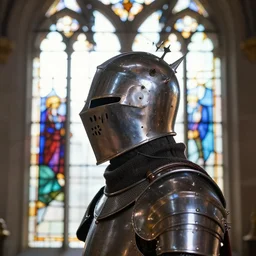 side - view portrait of a knight, skull helmet with spikes on top, shiny gothic stained glass window, very masterful, bright backlit, octane render