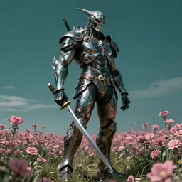 hyperrealistic neo - gothic muscular human chimera hybrid, exoskeleton armor, holding katana, standing in a field of pink flowers, highly detailed smooth concept art masterpiece, vitaly bulgarov giger dramatic dark teal light, ground angle hd 8 k, sharp focus
