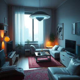 alien ufo in a studio apartment, photorealisitic, 3 d render, blender, featured on fartstation