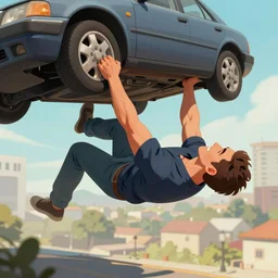 flying man lifting a car. Detailed digital art trending in artstation. Style by Arthur Adams, Alan Davis
